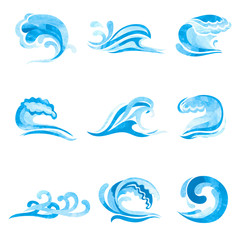 Fototapeta na wymiar Set of watercolor blue ocean and Sea Waves isolated on white. Vector collection of water logo, swirls, nature symbols.