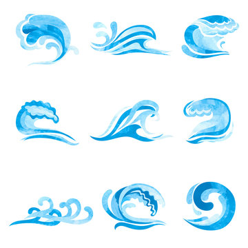 Set of watercolor blue ocean and Sea Waves isolated on white. Vector collection of water logo, swirls, nature symbols.