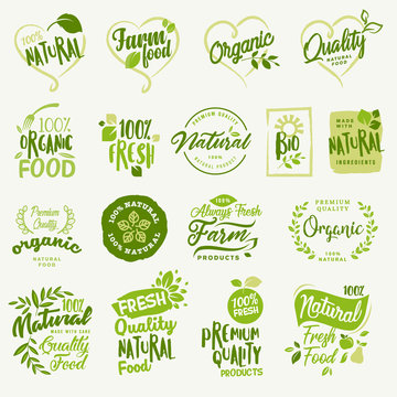 Organic food, farm fresh and natural product stickers and labels collection for food market, ecommerce, organic products promotion, healthy life and premium quality food and drink.