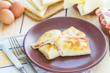 Homemade Pancakes with Ham and Cheese, Horizontal View