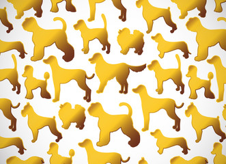 Horizontal card. Pattern with cute cartoon gold dog silhouettes. Different breeds.