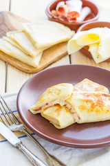 Food, Russian Pancakes Stuffed by Sliced Ham and Cheese