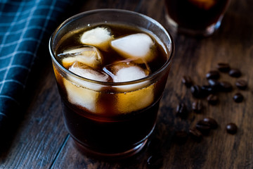 Cold brew coffee with ice or iced coffee.