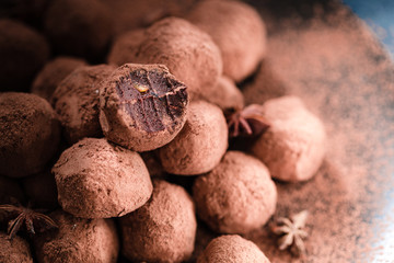 Close-up Horizontal View of Homemade Vegan Paleo Chocolate Truffles, Luxury Healthy Dessert, Velvety Smooth Chocolate Truffles