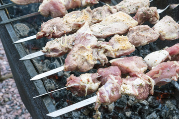 Skewers of pork or meat fried on a barbecue on the grill, barbecue