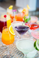 Selection of Cocktails Drinks on Bar, Blurred Background