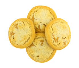 Top view of chunky peanut butter cookies isolated on a white background.