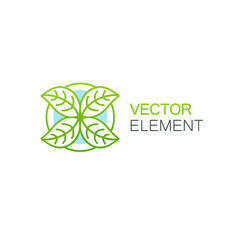 Vector logo design template in linear style - green leaves in circle.