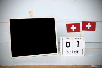 AUGUST 1 Wooden calendar Concept independence day of Switzerland and Switzerland national day.Copy space,minimal style,Vintage tone