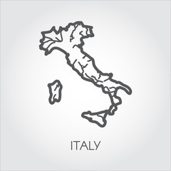 Black line icon of Italy map. European contour border country with signature for cartography, geography, education projects, documents, sites, articles and other design needs. Vector illustration