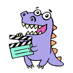Obraz premium Happy purple dragon with movie clapper board. Vector illustration.