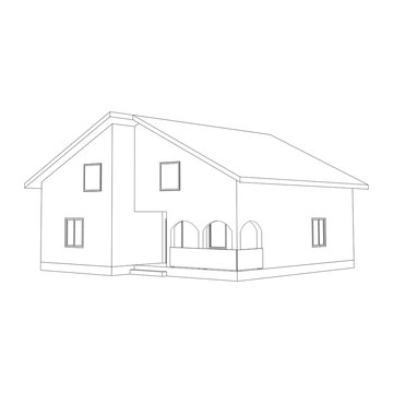 Building perspective 3D. Drawing of the suburban house. Outlines cottage isolated on white background. House 3D model perspective vector. Cottage blueprint.