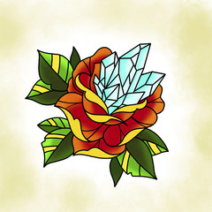 Traditional tattoo rose design. Cartoon illustration, hand drawn style.