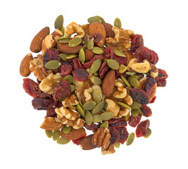 Top view of Omega 3 trail mix isolated on a white background.