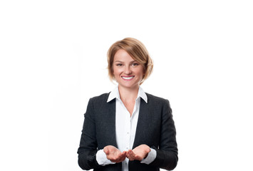 Business woman hold open palm with empty copy space.