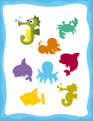 cartoon matching game with sea animals sea horse / colorful shapes - isolated illustration for children