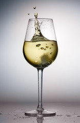 Hight glass of white wine with splash from ice