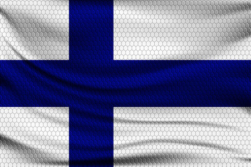Obraz premium National flag of Finland on wavy fabric with a volumetric pattern of hexagons. Vector illustration.