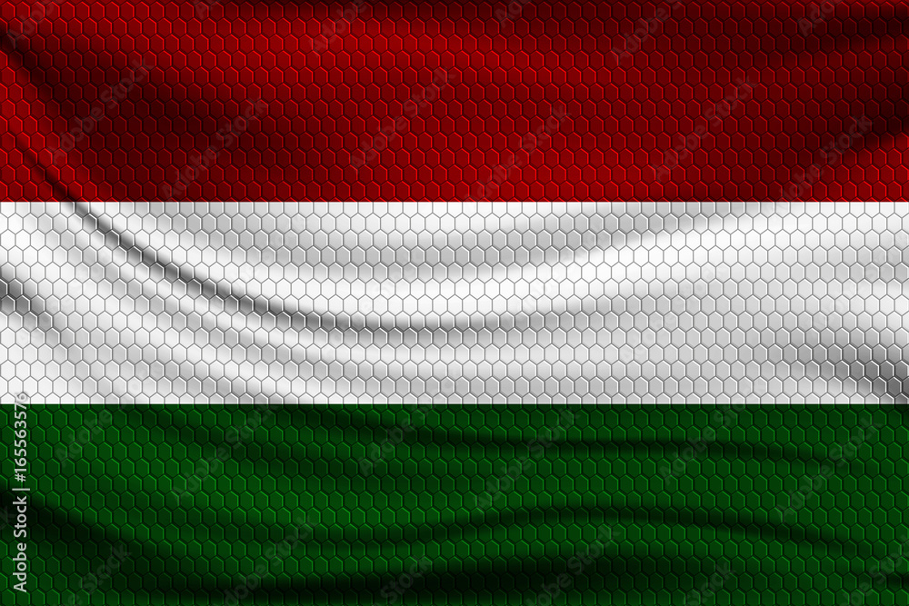 Sticker national flag of hungary on wavy fabric with a volumetric pattern of hexagons. vector illustration.