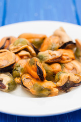 seafood in white plate on blue wooden background