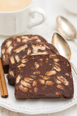 chocolate dessert on white dish on wooden background