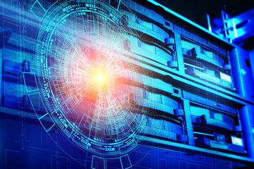 concept of disk storage data center. Information technology and database on technological background