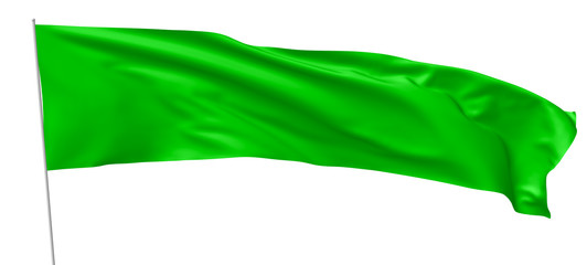 Long green flag on flagpole waving in wind