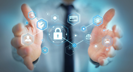 Businessman using antivirus to block a cyber attack 3D rendering