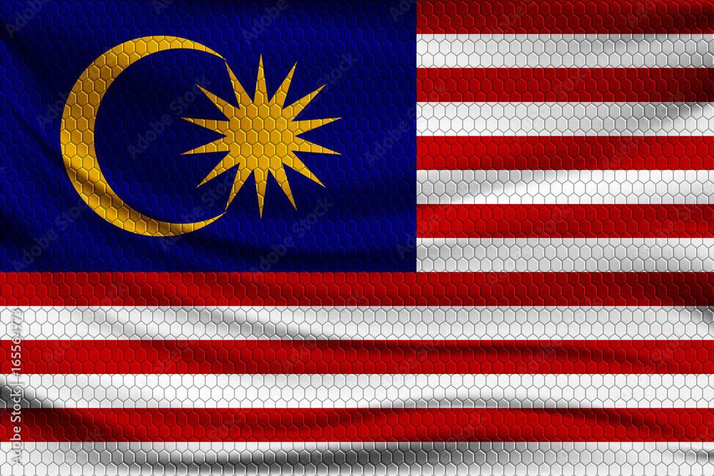 Poster national flag of malaysia on wavy fabric with a volumetric pattern of hexagons. vector illustration.