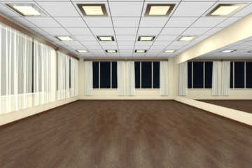 Empty training dance-hall at night with yellow walls and dark wooden floor, 3D illustration