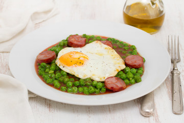 Fototapeta na wymiar peas with smoked sausage and fried egg on plate