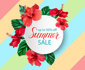 Summer sale announcement poster, banner, flyer with composition of lettering on hibiscus flowers and leaves background © mandrynam