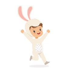 Cute happy boy dressed as a white bunny, kids carnival costume vector Illustration