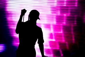 Silhouette of an artist singing live on the stage - obrazy, fototapety, plakaty