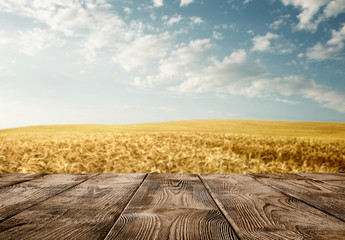 Close up of old empty wooden table over wheat field with copy space