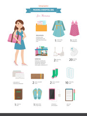 Packing a hospital bag. Checklist of the pack for the hospital or birth center. Vector illustrated infographic with a visual list for mommy.