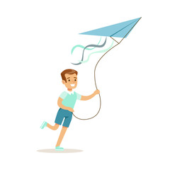 Smiling boy playing with kite, kids outdoor activity colorful character vector Illustration