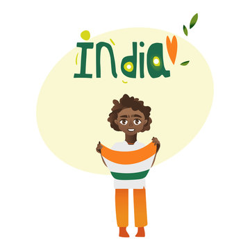 Indian boy, kid, teenager holding tricolor Indian flag in hands, cartoon vector illustration isolated on white background. Indian boy with national tricolor flag