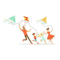 Happy family with two kids having fun flying kites, colorful character vector Illustration