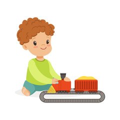 Sweet little boy playing playing with toy railway road and train, colorful character vector Illustration