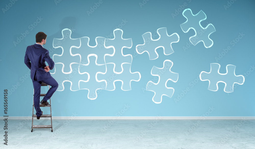 Poster Businessman searching puzzle solution on a wall 3D rendering