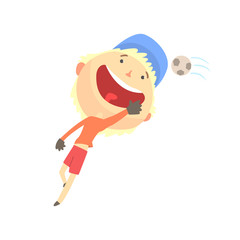Cool smiling cartoon boy playing football, kids outdoor activity, colorful character vector Illustration