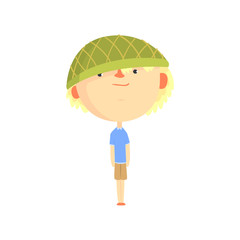 Funny сartoon boy in green hat, colorful character vector Illustration