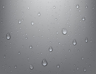 Realistic pure water drops on isolated background. Steam shower condensation on vertical surface. Vector illustration.