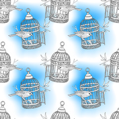 Fototapeta na wymiar Seamless pattern with image of bird and cage on blue background. Vector illustration.