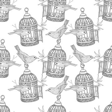 Seamless Pattern with the image of birdcage and birds. Vector black and white illustration.