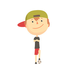 Cool smiling cartoon boy playing with a ball, kids outdoor activity, colorful character vector Illustration
