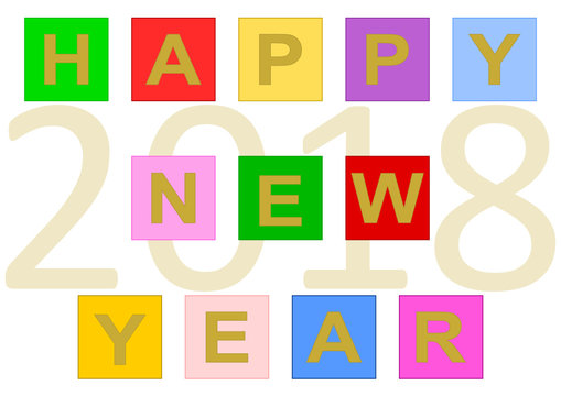 Bunter Schriftzug „Happy New Year“ aus bunten Quadraten gebildet und im Hintergrund die große Jahreszahl 2018