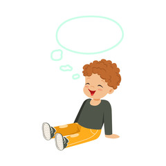 Sweet little redhead boy dreaming with a thought bubble sitting on the floor, kids imagination and fantasy, colorful character vector Illustration