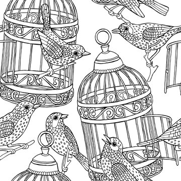 Seamless Pattern Birdcage Birds Black & White